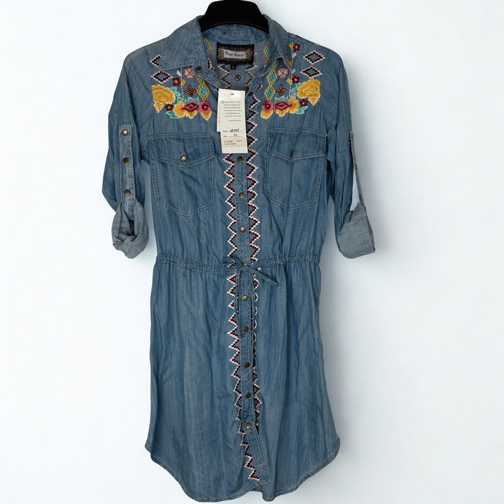 NewVintage Collection Women's Denim Handwoven Embroidered Dress Size XS NWT Boho